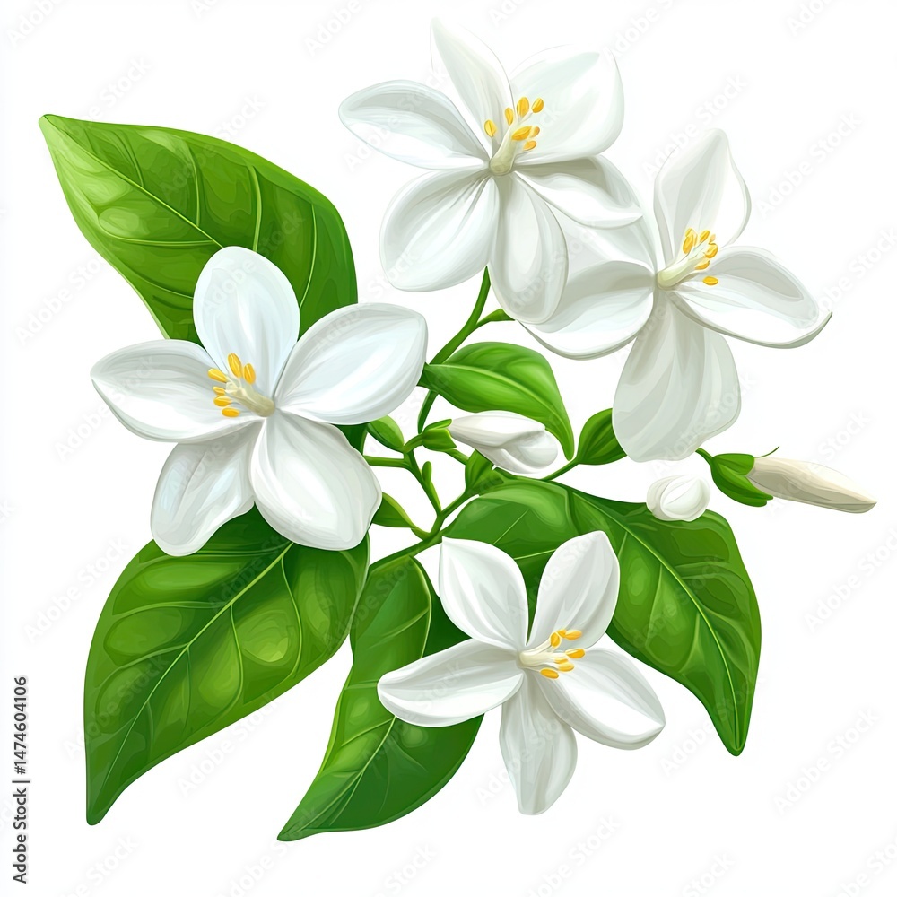 Fototapeta premium Delicate cluster of white blossoms, lush green leaves, and subtle yellow centers. A vibrant botanical illustration of a fragrant flower branch