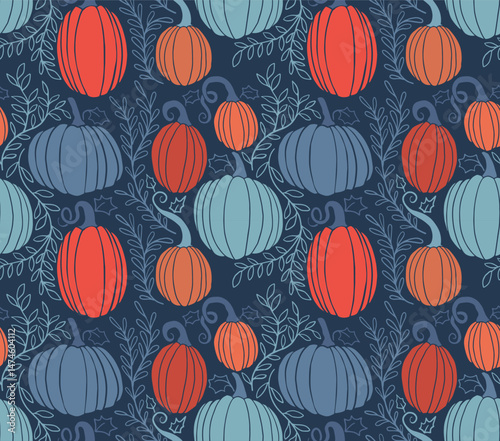Autumn Seamless Pattern with Pumpkins