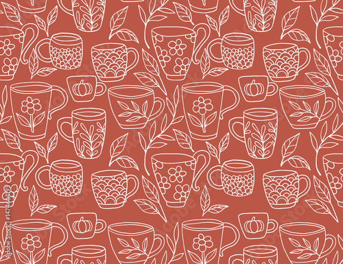 Autumn Tea Cups Seamless Pattern Design	