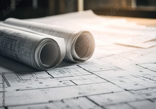 Rolled architectural drawings on an unfolded floor plan with black-and-white lines and construction details.