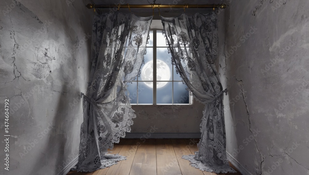 Obraz premium Eerie atmosphere with tattered curtain swaying in moonlit room for haunted theme design