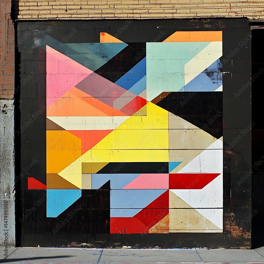 Naklejka premium A spray-painted street art mural featuring multiple layers of geometric shapes.