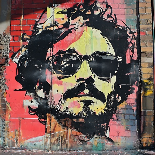 A spray-painted portrait of a famous director or actor with urban art.