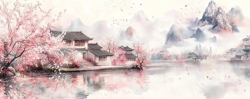 Traditional Chinese water town with white-walled houses, pink blossoms, and misty mountains.