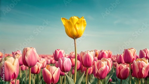 Solitary Yellow Tulip in Pink Tulip Field, Spring Bloom, Vibrant Colors, Architectural Photography