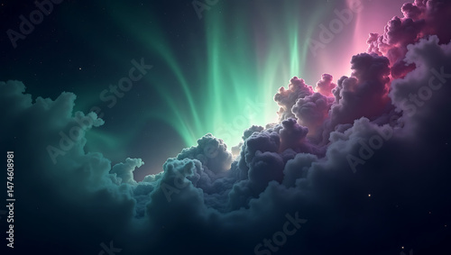 Stunning auroral display and dramatic cloudscape in a night sky with stars