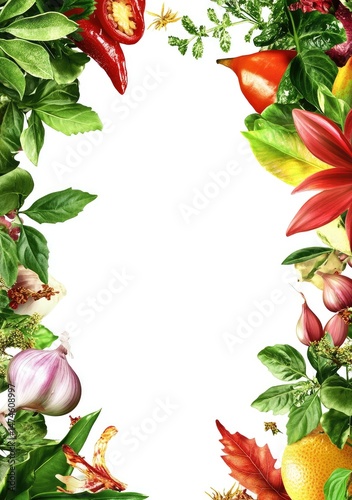 Vibrant herbs, spices, and peppers frame a white space