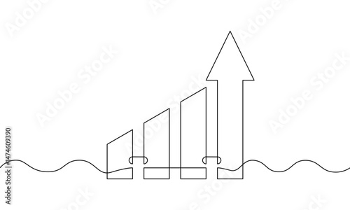 Continuous one line drawing of graph on white background. Single line art of bar chart. Illustration vector of increasing arrow up. Flat icon of business growth. sign symbol