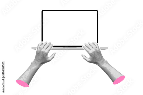 Halftone woman’s hands working on a laptop computer with a blank screen (PC mockup with an empty display) for a website, demo or product advertisement isolated on transparent background.