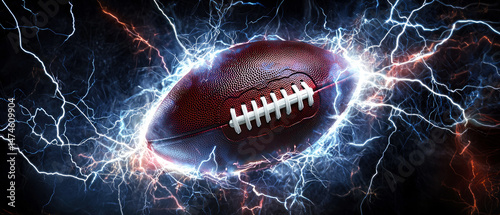 Fiery american football engulfed in lightning and flames, set against a stormy dark backdrop. Sports, electric, action background.