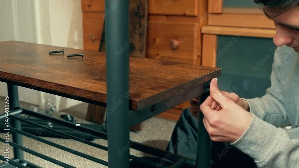 Man using screwdriver to secure wooden shelf on coat rack. Male assembling furniture with precision for home organization. Guy fastening screws for stable and durable structure. Worker ensuring proper