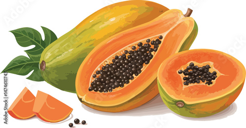 Papaya with papaya slice isolated in white background vector design, Papaya illustration vector design