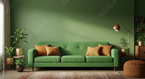 Verdant living room scene with a comfortable green sofa.