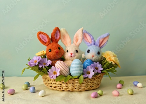 Springtime Basket of Knitted Bunnies and Colorful Eggs - Pastel Easter Photo