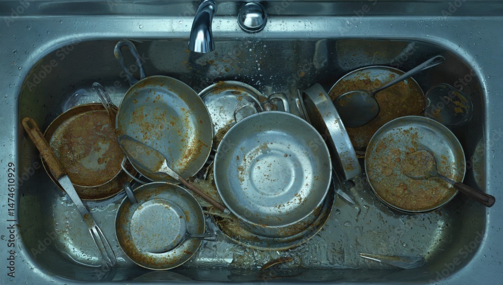 Fototapeta premium Messy kitchen cleanup challenge - overflowing sink with dirty dishes and greasy pans