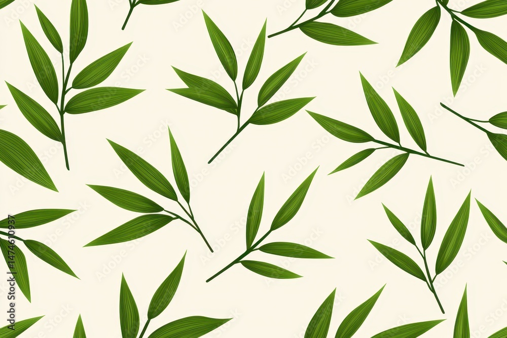 Fototapeta premium Green leafy branches arranged in a seamless, repeating pattern on a light background.