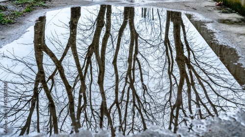 Stunning Reflection of Bare Trees in a Puddle on a Gloomy Day in the Park