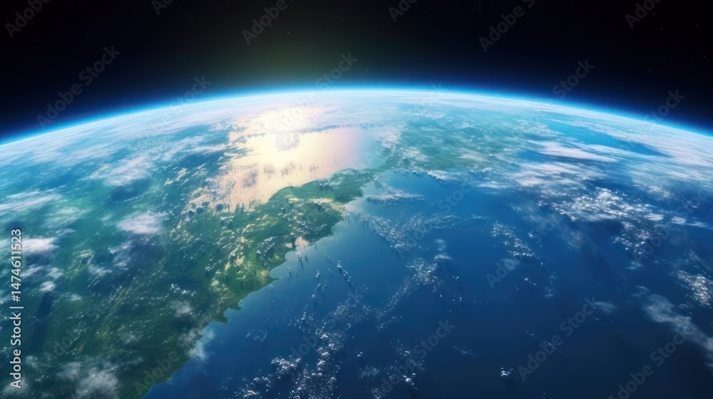 Fototapeta premium The Earth's surface, with the horizon visible, showing the continents and oceans, with a blue and green color scheme.