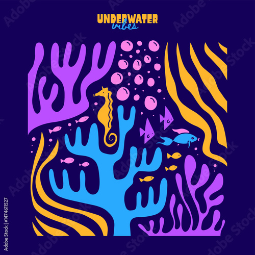 Summer card design with ocean abstract organic shapes. Vector flat background with cute ocean underwater plants. Algae, seaweed and corals in naive style. Vector flat childish colorful background