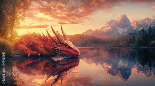 A fierce black dragon with glowing orange eyes and fiery breath stands on a rugged