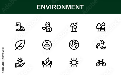 Nature and Environment Icons. Clean Line Art for Green Energy, Ecology, and Earth-Friendly Visuals