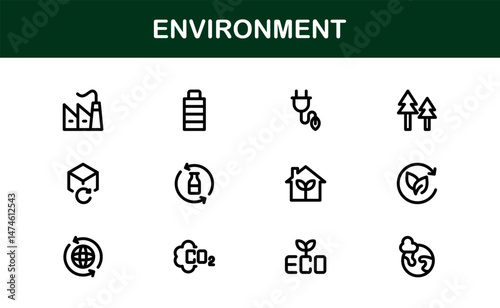 Nature and Environment Icons. Clean Line Art for Green Energy, Ecology, and Earth-Friendly Visuals