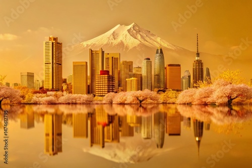 Stunning Cityscape: Skyscrapers, Mountain, Lake & Cherry Blossoms