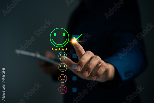 Customer using tablet give five star rating, Submit satisfaction survey through online application. Positive feedback highlight excellent service and product quality, improving brand reputation.