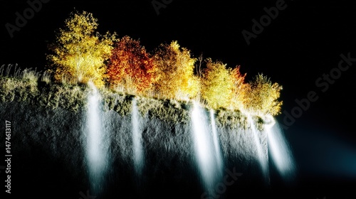Illuminated Trees with Cascading Waterfalls Creating a Magical Night Scene