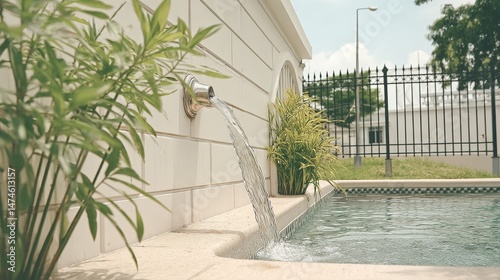 Serene Water Flowing from Wall Fountain into Calm Swimming Pool Surrounded by Lush Greenery