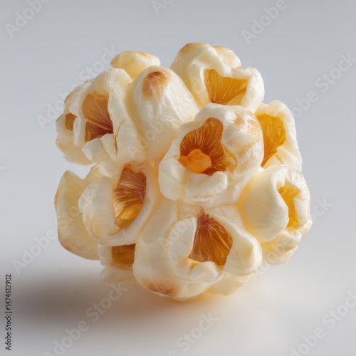 Closeup shot of crunchy popcorn on white background, single popped corn kernel on white, Single popcorn close-up on clean background, Popcorn isolated on white, Single popcorn snack isolated on white