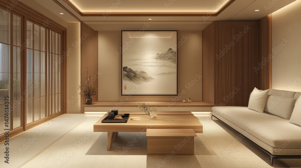 Fototapeta premium Japandi Living Space with Beige Tones and Minimal Decor