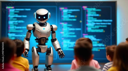 Wallpaper Mural A humanoid robot teaching programming concepts to a group of children in a classroom setting Torontodigital.ca