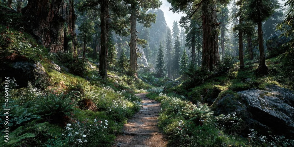 Fototapeta premium Scenic Forest Path Through Lush Green Woodland with Tall Trees