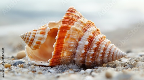 Ultra-Realistic Closeup of Small Seashell on Beach with Waves, Minimalist Bokeh Background Stock Photo for Nature-Themed Designs, Wallpapers, or Calming Visual Content