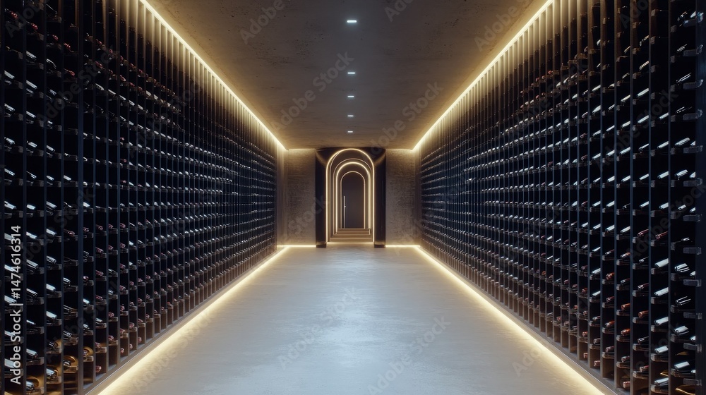 Obraz premium Rows of wine bottles perfectly aligned in a climate-controlled modern wine cellar, showcasing a collector's pride