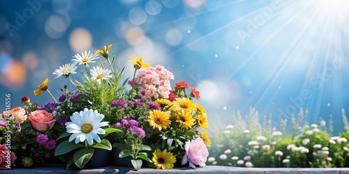 Sunny Backyard Garden with Vibrant Blooming Flowers, Soft Bokeh