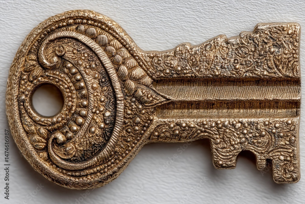 Obraz premium Intricate golden decorative key showcasing detailed craftsmanship and unique design