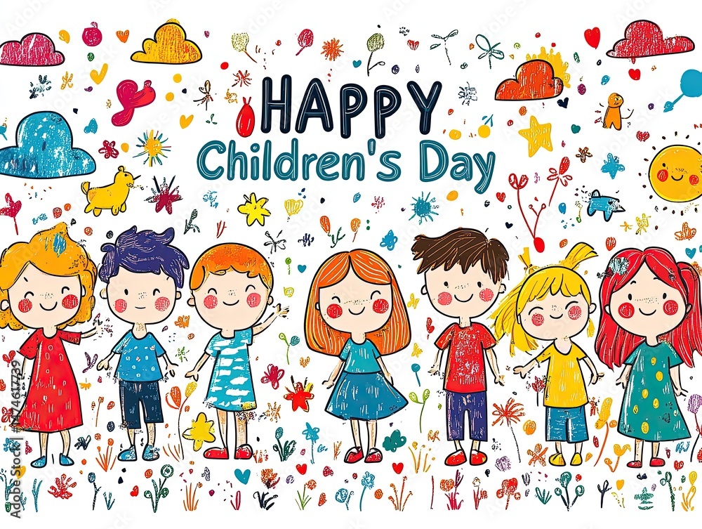 Fototapeta premium Happy Children's Day Card Vector Illustration: Doodle Style with Colorful Cartoon Drawings, Playful Kids, Flowers, Clouds, and Text on White Background. Whimsical Design for Festive Greetings