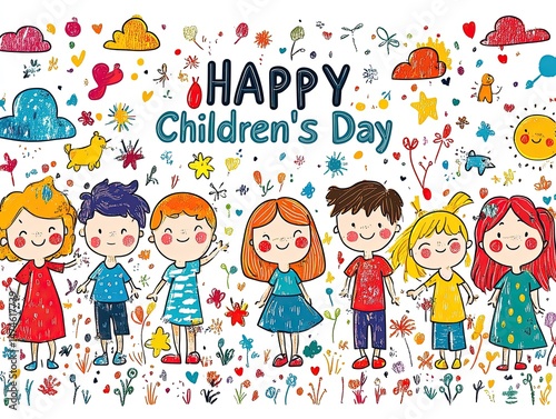Happy Children's Day Card Vector Illustration: Doodle Style with Colorful Cartoon Drawings, Playful Kids, Flowers, Clouds, and Text on White Background. Whimsical Design for Festive Greetings