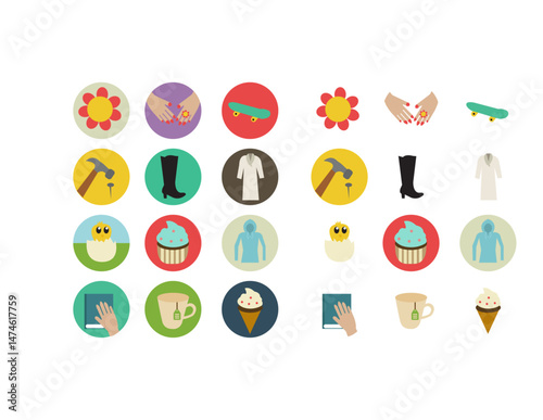  Flat Design Icon Collection: Lifestyle, Food, Fashion, and Hobbies