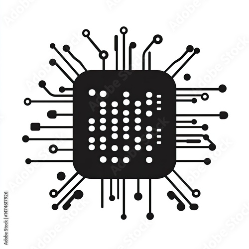 A stylized illustration of a computer chip.  Interconnected circuitry radiates outward from a central square chip