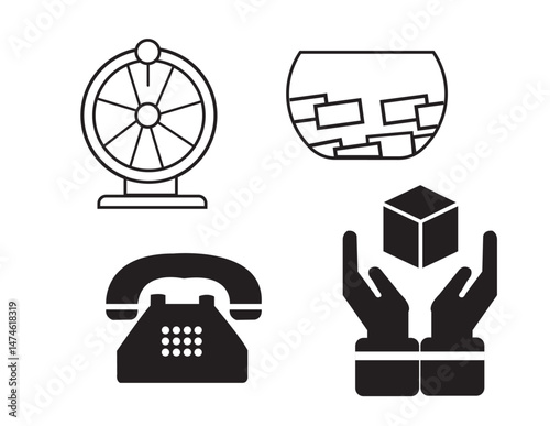  lack and White Icon Set: Vintage Phone, Raffle Drum, Donation Hands & Suggestion Box
