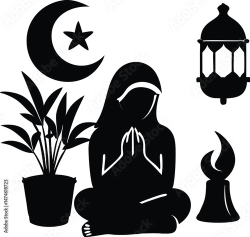 Silhouette of a Muslim Woman Praying with Islamic Symbols