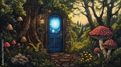 an image of the entrance to a forest with mushrooms and a door leading to a, magic doorway, magical portal gateway