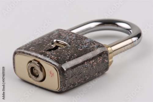 Unique damascus steel padlock displayed against a plain background showcasing intricate patterns and metallic texture