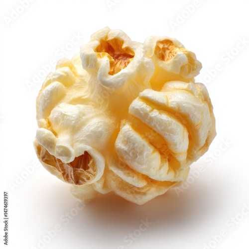 Closeup shot of one cooked single popcorn on white background, Close-up of a single popped popcorn kernel, A close up of a popcorn kernel on white, A white and yellow popcorn kernel, easy to cutout