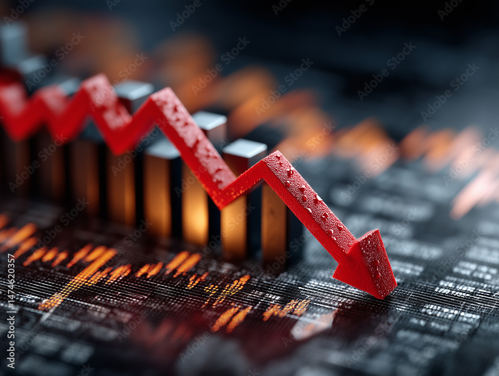 Obraz premium Foto de gráfico com setas para baixo representando perda financeira, retração nos investimentos ou queda de desempenho. Visual ideal para conceitos de alerta econômico e crise