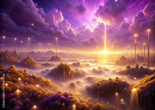 Surreal Dreamlike Landscape: Abstract Purple Haze and Golden Light, Mystical Atmosphere