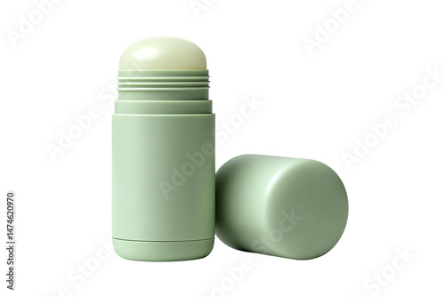 Green deodorant stick on a white isolated background for personal care and hygiene.